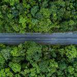 Electric vehicle car going through forest, EV electrical energy for environment, Nature power. Electric vehicle car going through forest, EV electrical energy for environment, Nature power.